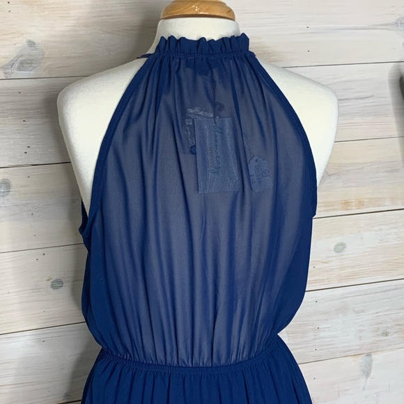 Navy Blue Sleeveless Maxi Dress with Embroidered Detailing and Keyhole Neckline - Picture 9 of 12